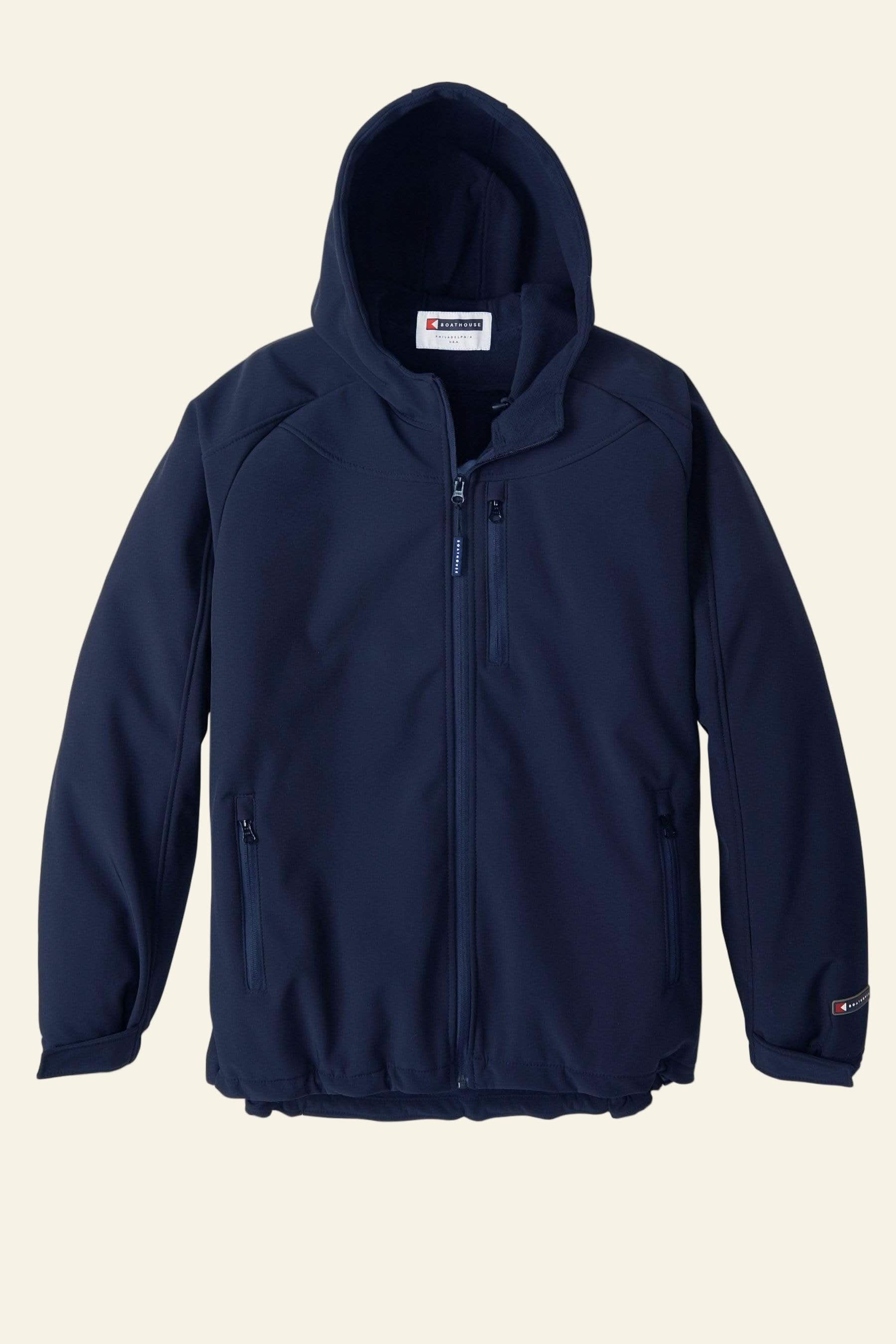 Navy blue jacket with a brand logo on a white background