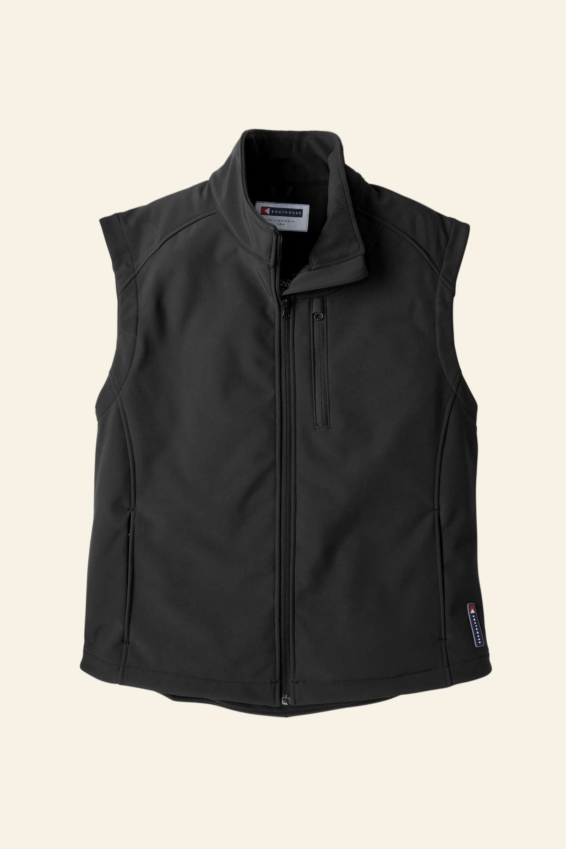 Black vest with brand logos on a white background