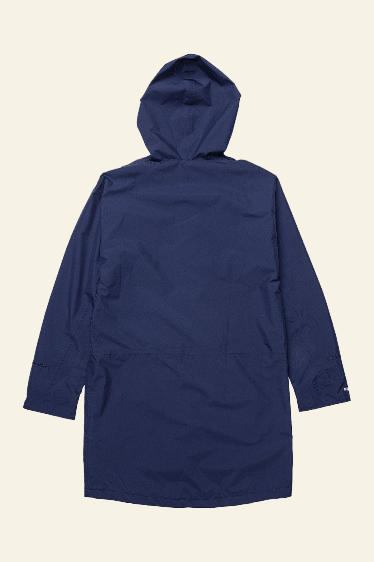 Navy blue raincoat with a hood on a white background