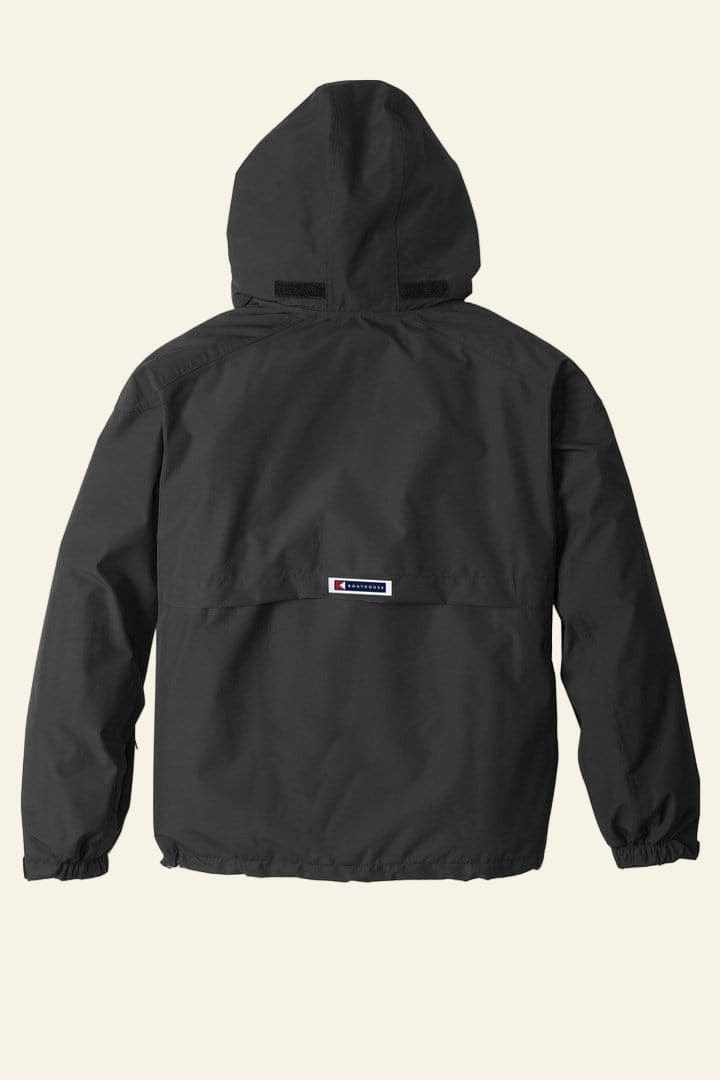 Black hooded jacket with a brand logo on the back pocket against a white background