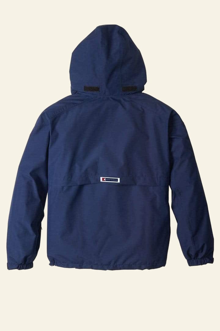 Navy blue hooded jacket on a white background