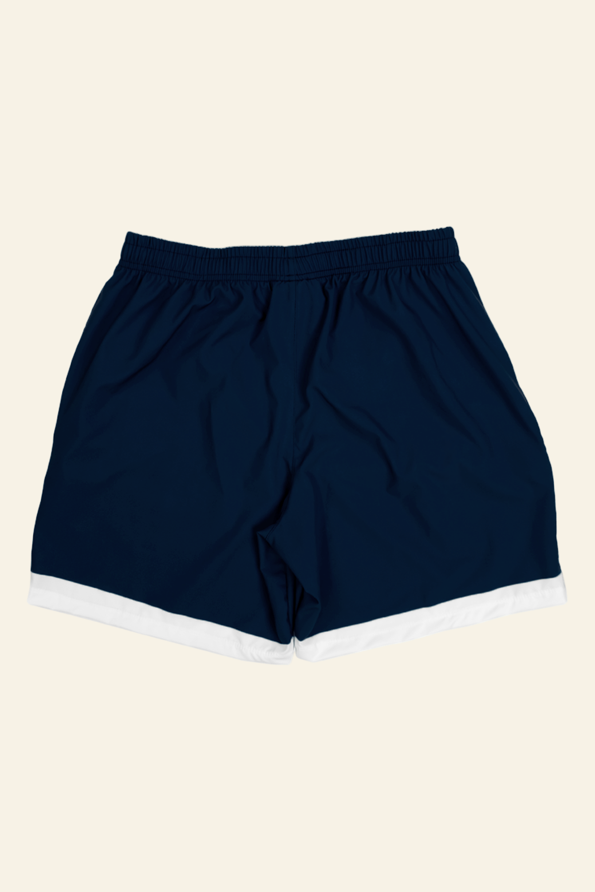 Navy blue shorts with white trim on a white background