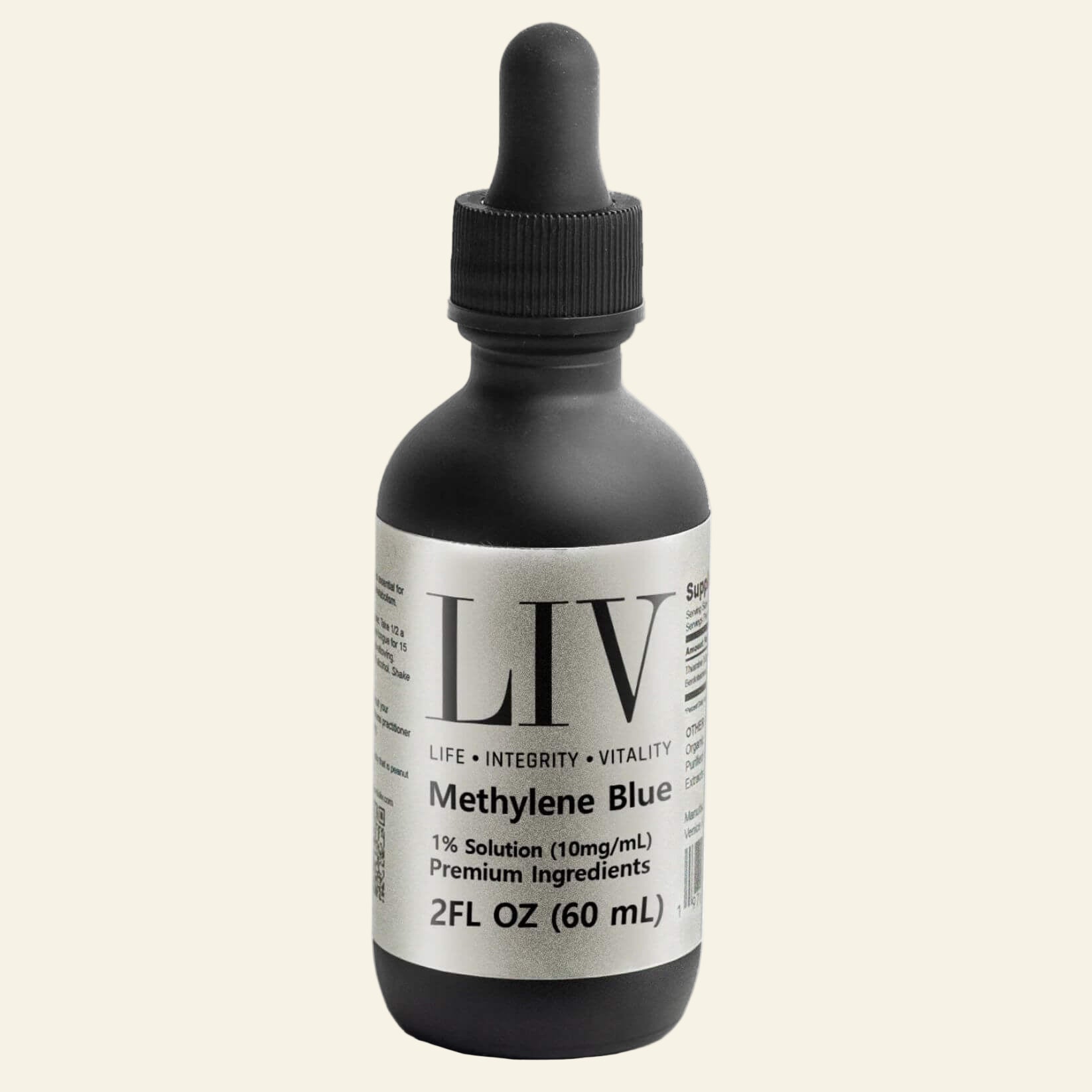 Bottle of LIV Methylene Blue solution on a white background