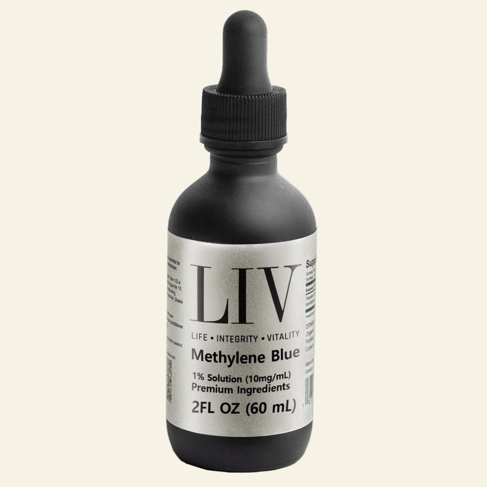 Bottle of LIV Methylene Blue solution on a white background