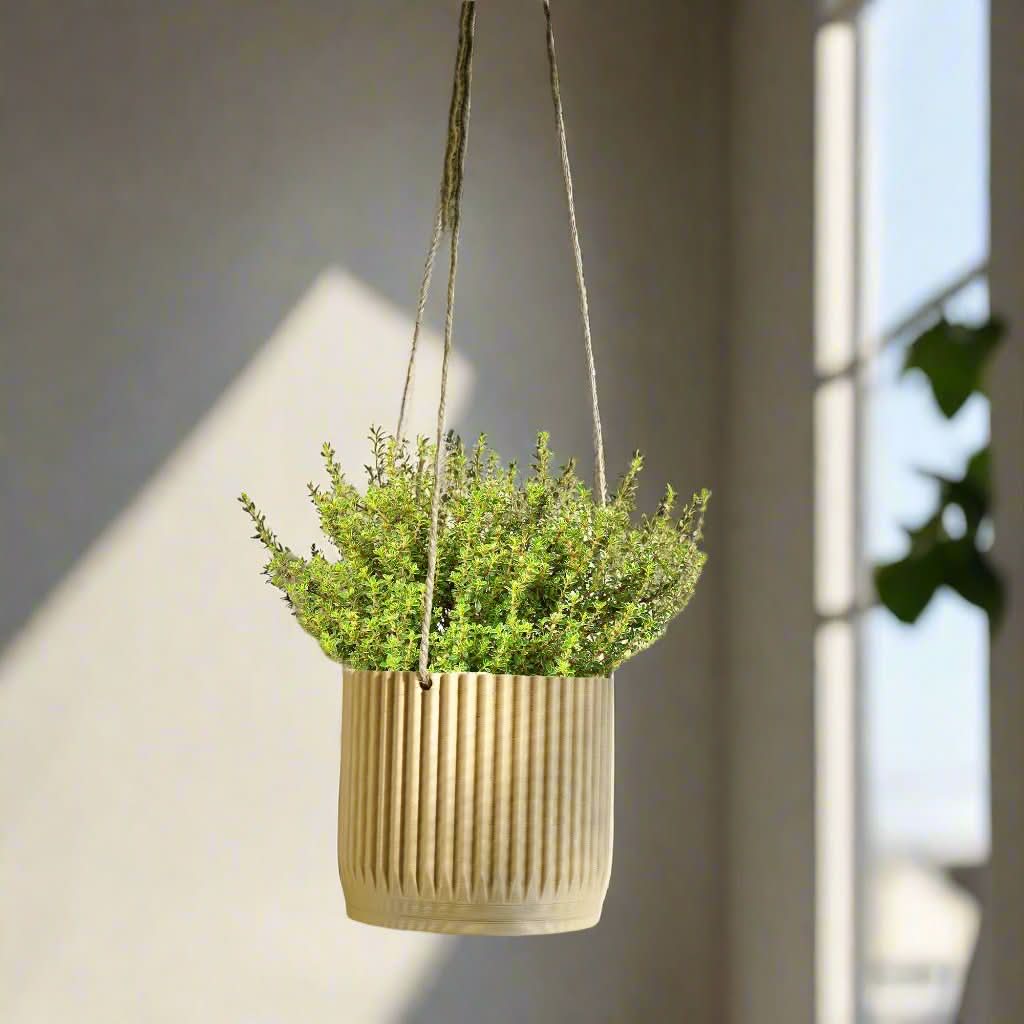 Rosebud HomeGoods Hanging Planter Beige / With Drainage / 4” Mid Century Ribbed Hanging Plant Pots