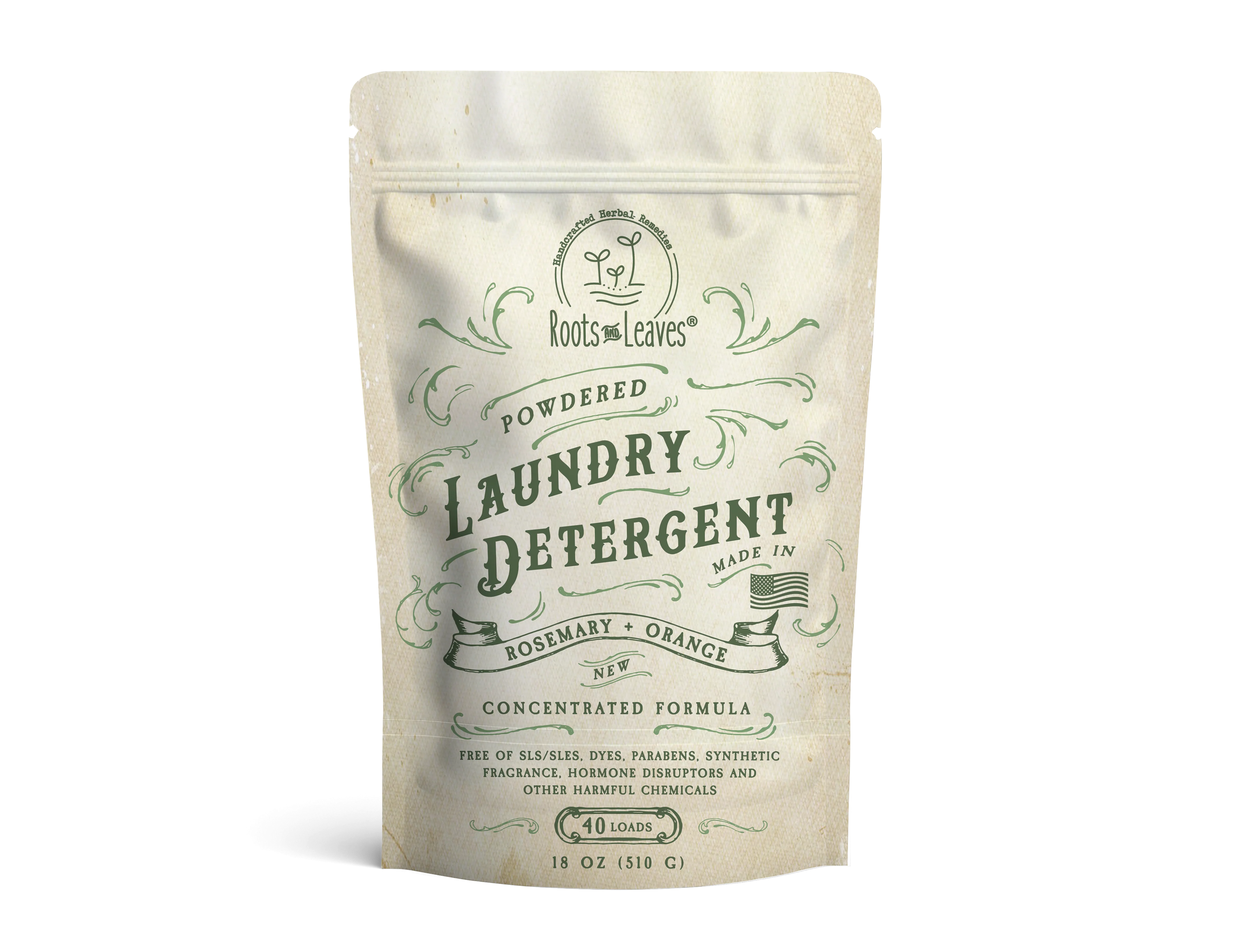 Package of Roots & Leaves powdered laundry detergent on a white background