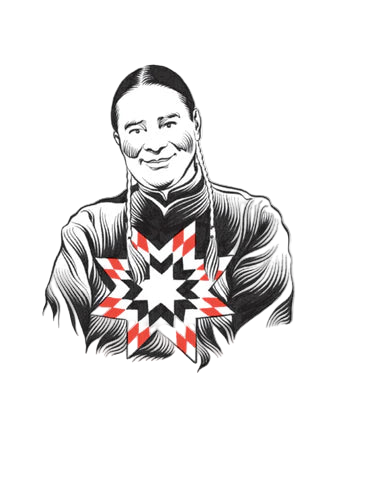 Black and white illustration of a person wearing a patterned garment with red and black design on a white background