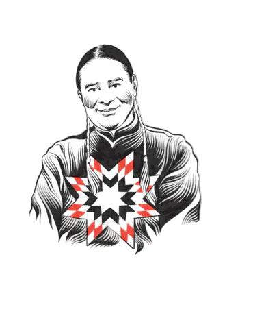 Black and white illustration of a person wearing a patterned garment with red and black design on a white background