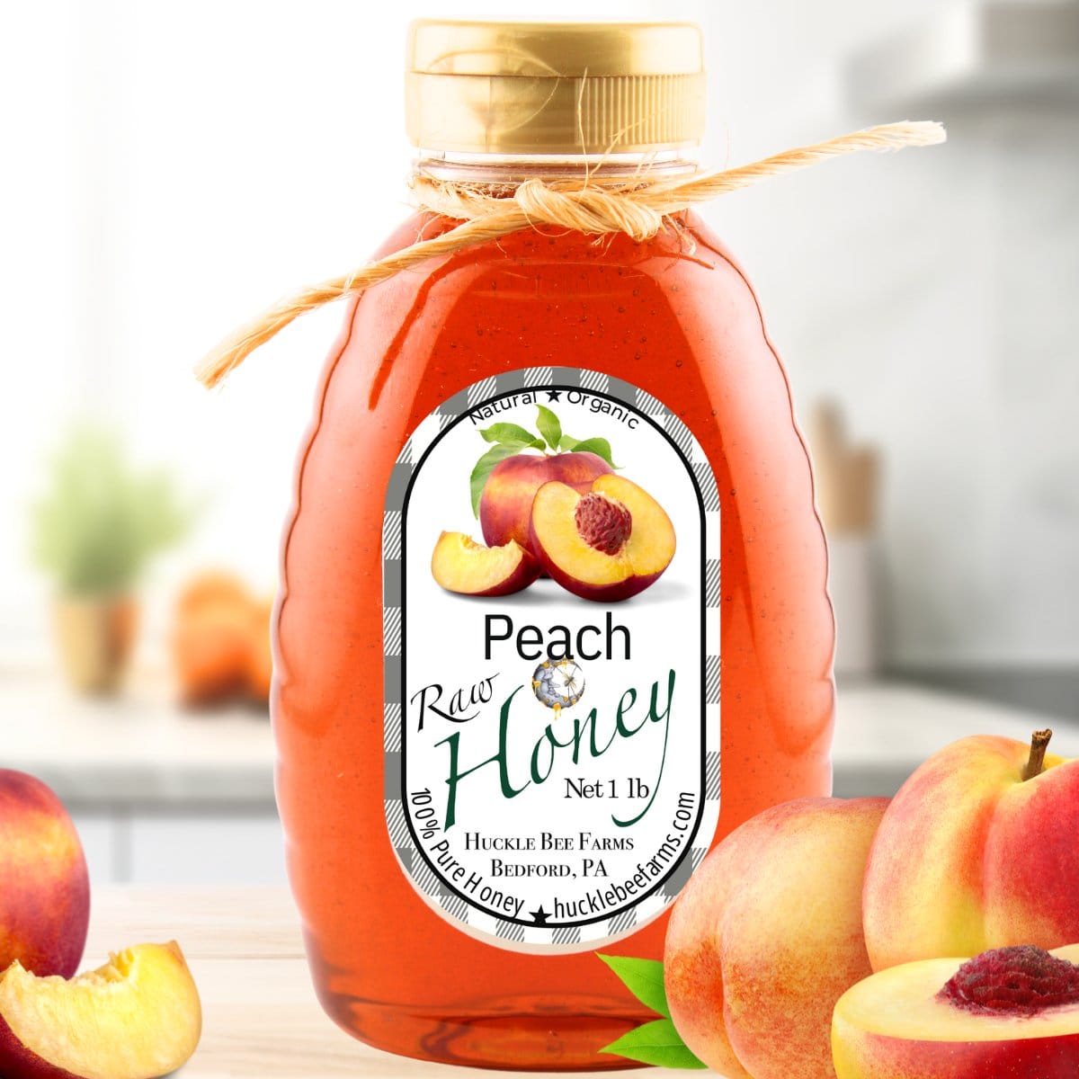 Huckle Bee Farms LLC Honey 1 Lb Bottle - $15 Peach Honey Bliss: Sweet & Fruity Pure Honey Experience