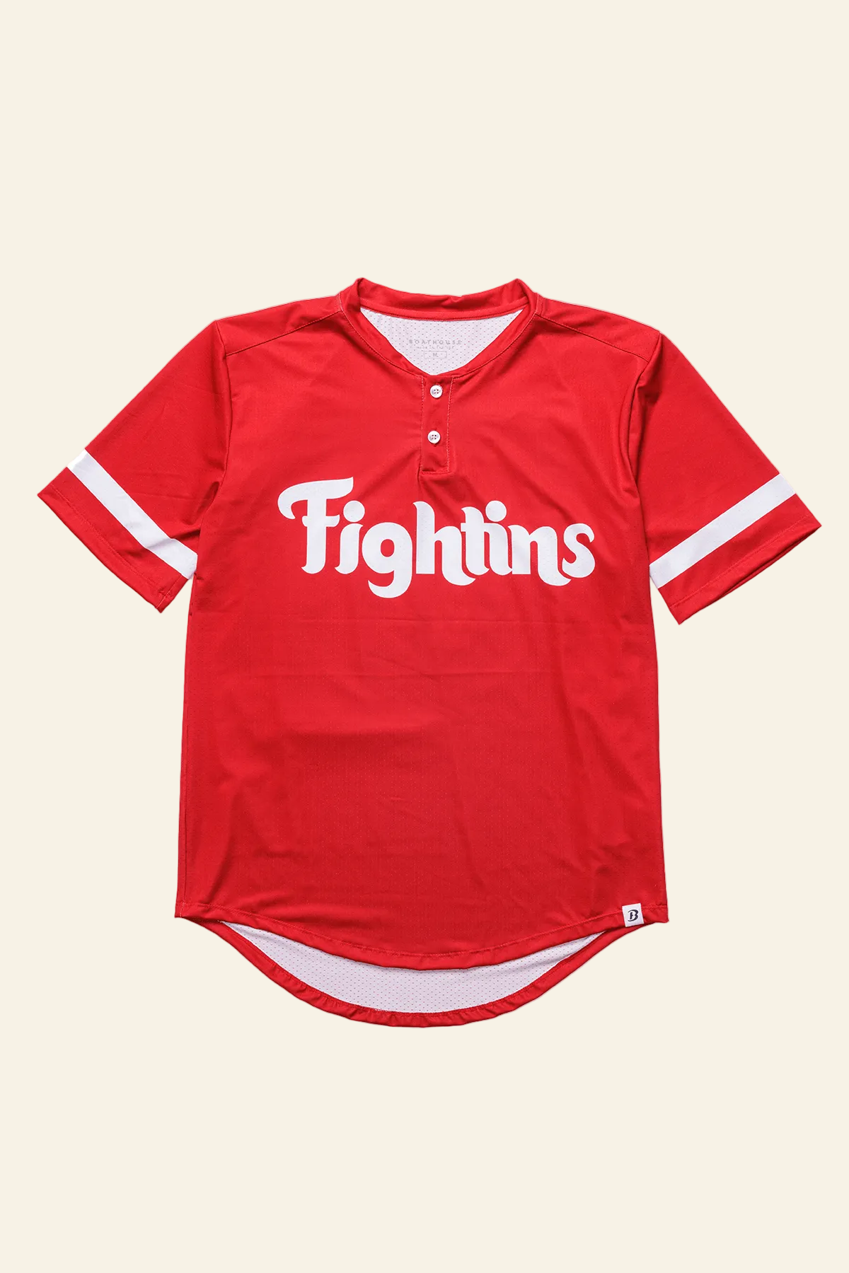 A red short-sleeve henley-style baseball jersey with white sleeve stripes and a large white &