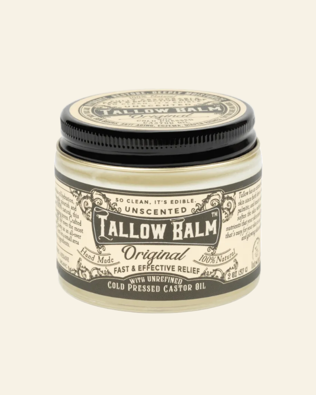 Tallow Balm jar with black and white label on a white background