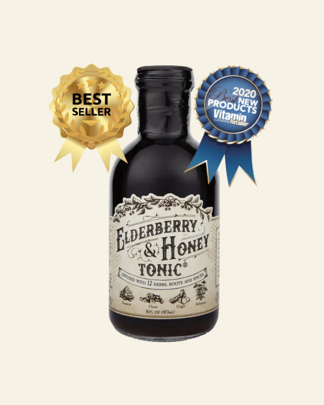 Bottle of Elderberry & Honey Tonic with awards on a white background