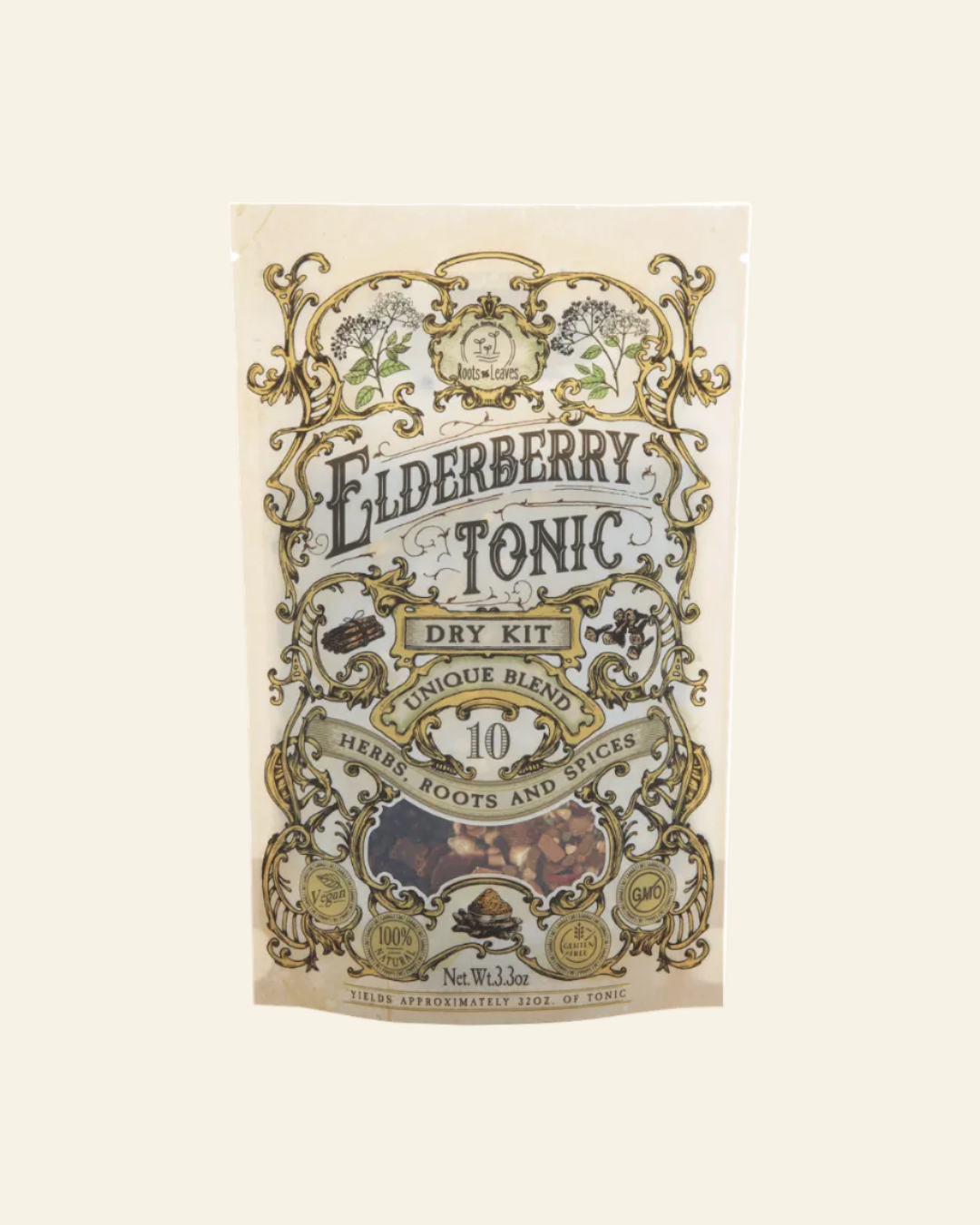 Elderberry Tonic dry kit packaging with decorative text and graphics on a beige background