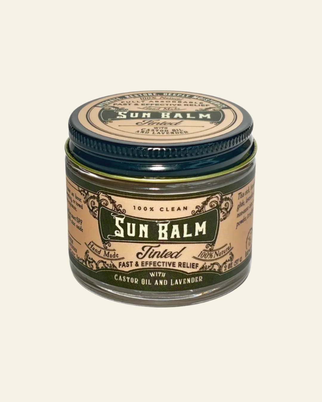 Sun Balm jar with green and beige label on a white background