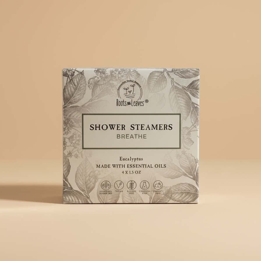 Box of Roots and Leaves Shower Steamers with eucalyptus on a white background