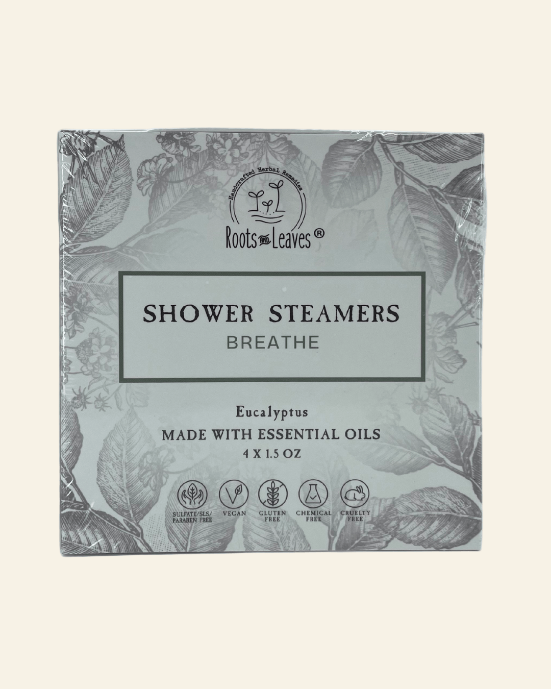 Box of Roots and Leaves Shower Steamers with eucalyptus on a white background