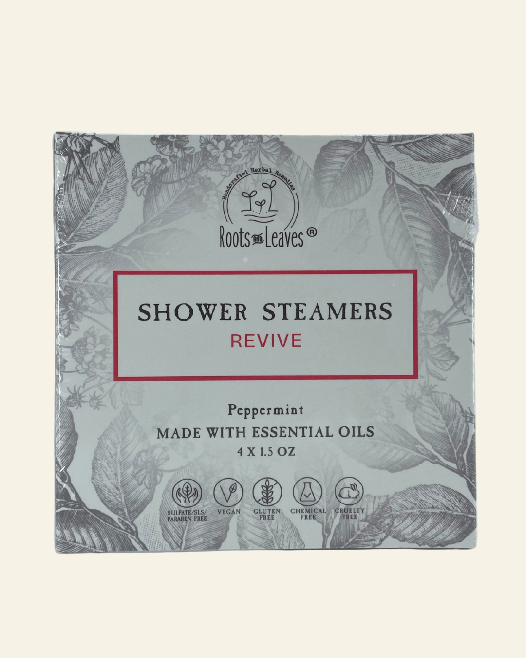 Box of Shower Steamers Revive by Roots and Leaves with leaf pattern