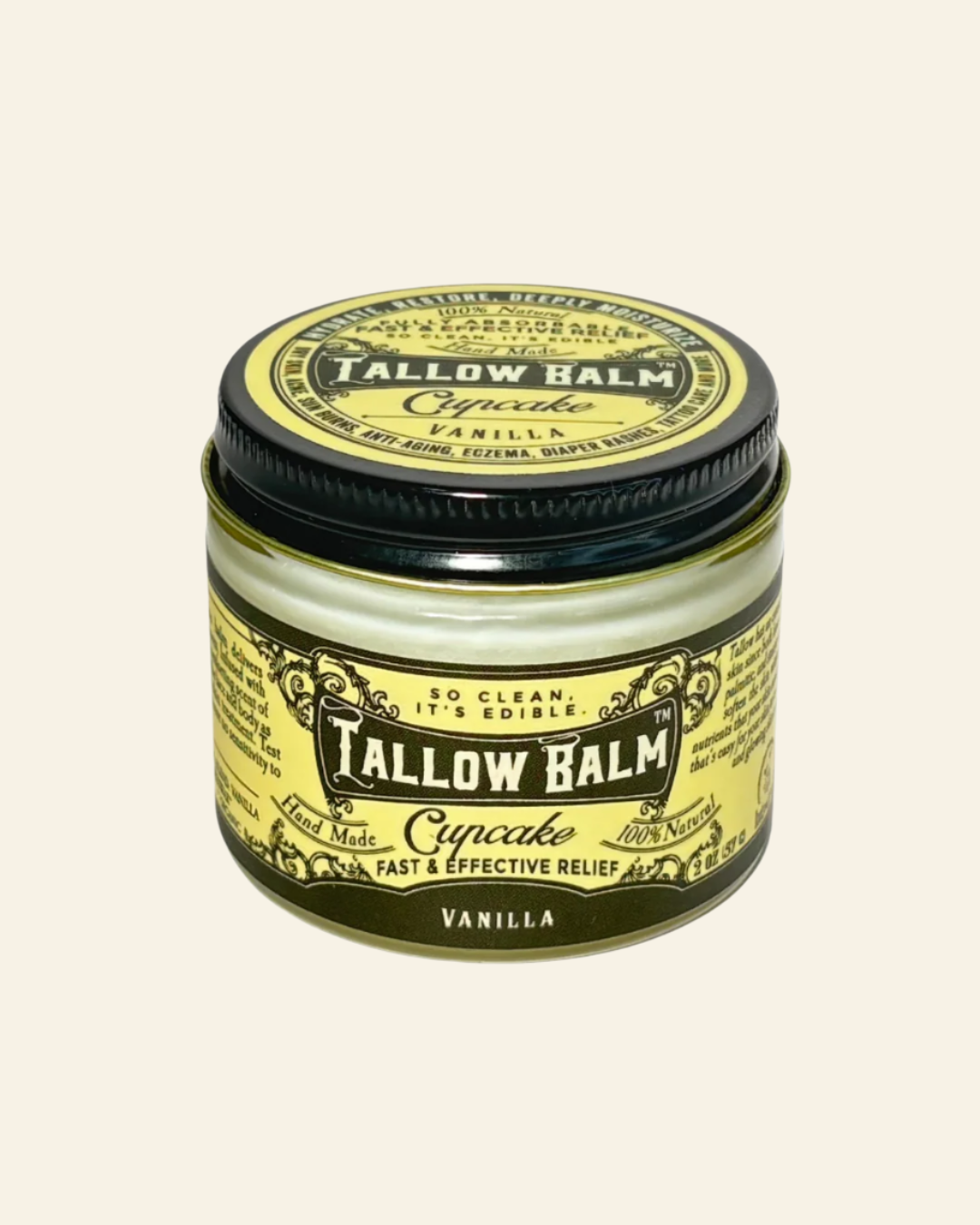 Tallow Balm jar with vanilla flavor on a white background