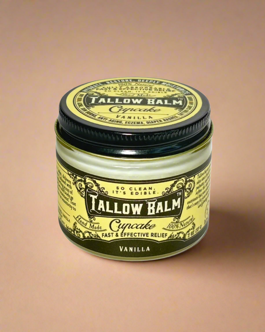 Tallow Balm jar with vanilla flavor on a white background