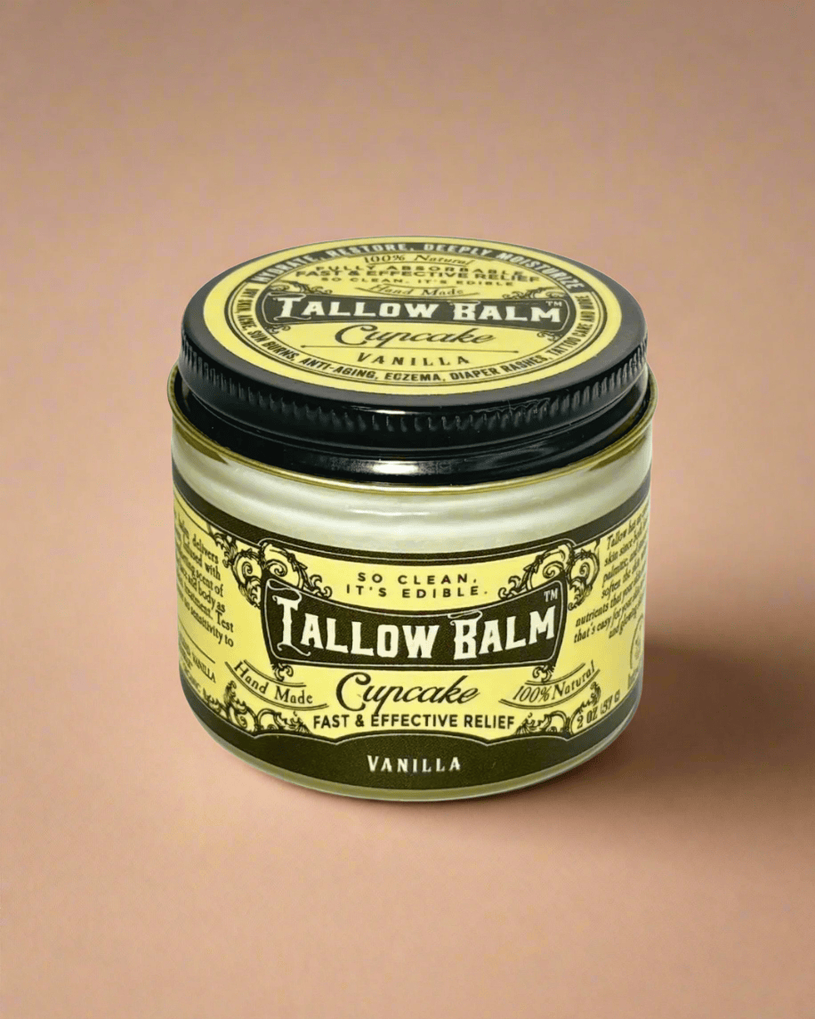 Tallow Balm jar with vanilla flavor on a white background