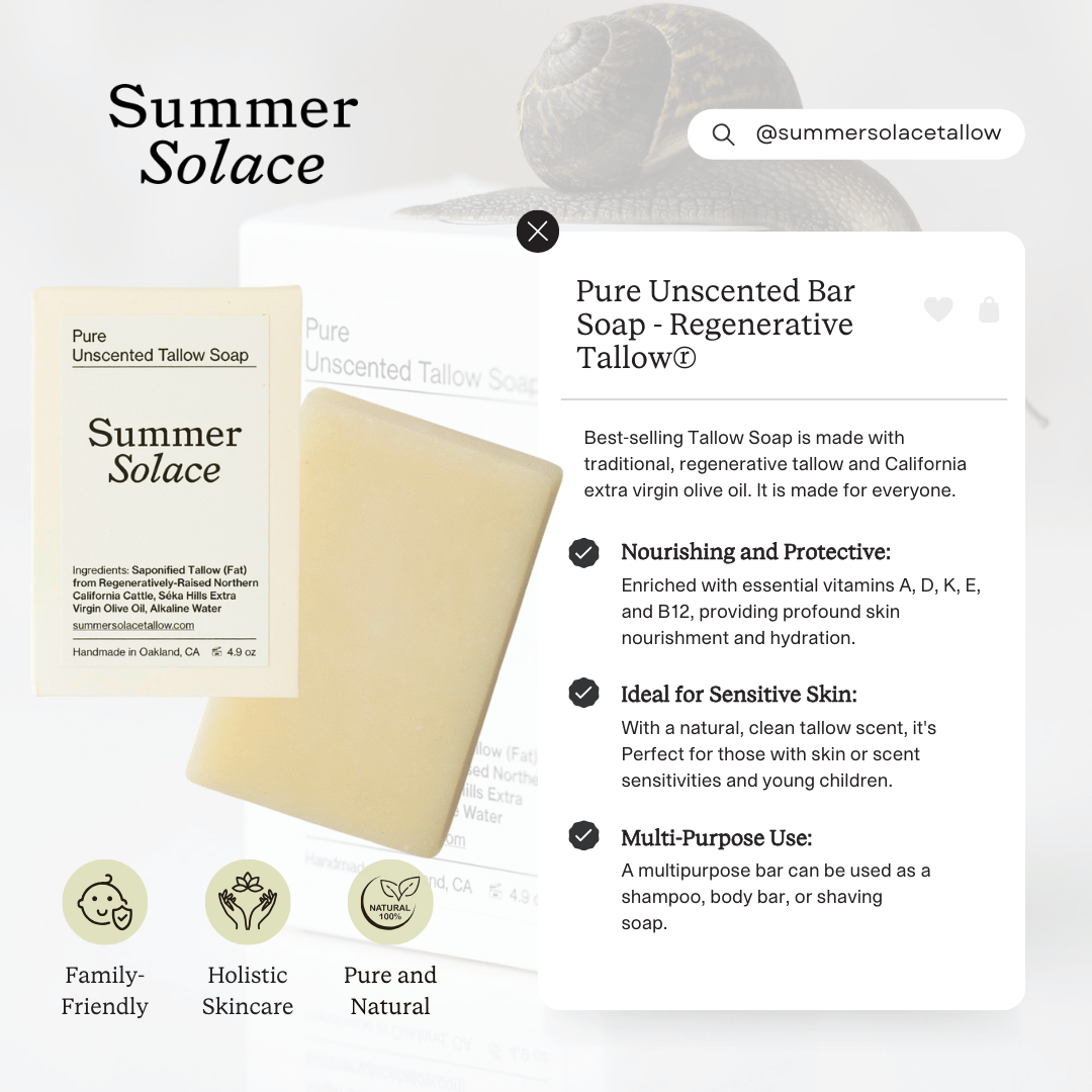 Summer Solace Tallow Tallow Soap Pure Unscented – Tallow Bar Soap for Sensitive Skin
