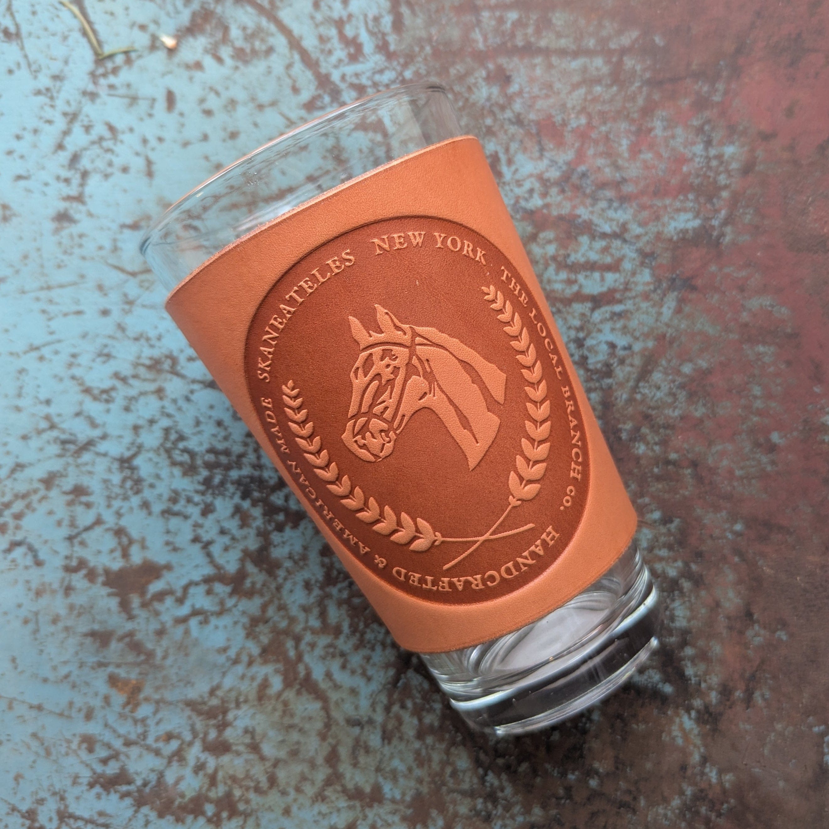 The Local Branch Leather Skaneateles Horse / Caramel Leather Pint Glass - USA Made