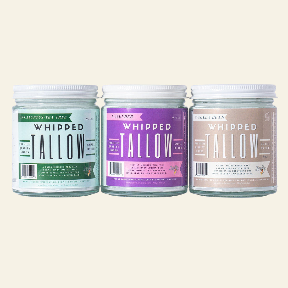 Whipped Tallow Trio - 9oz - Lavender, Vanilla, Eucalyptus Premium Quality All Natural Gift Box by The Lady May - My American Goods