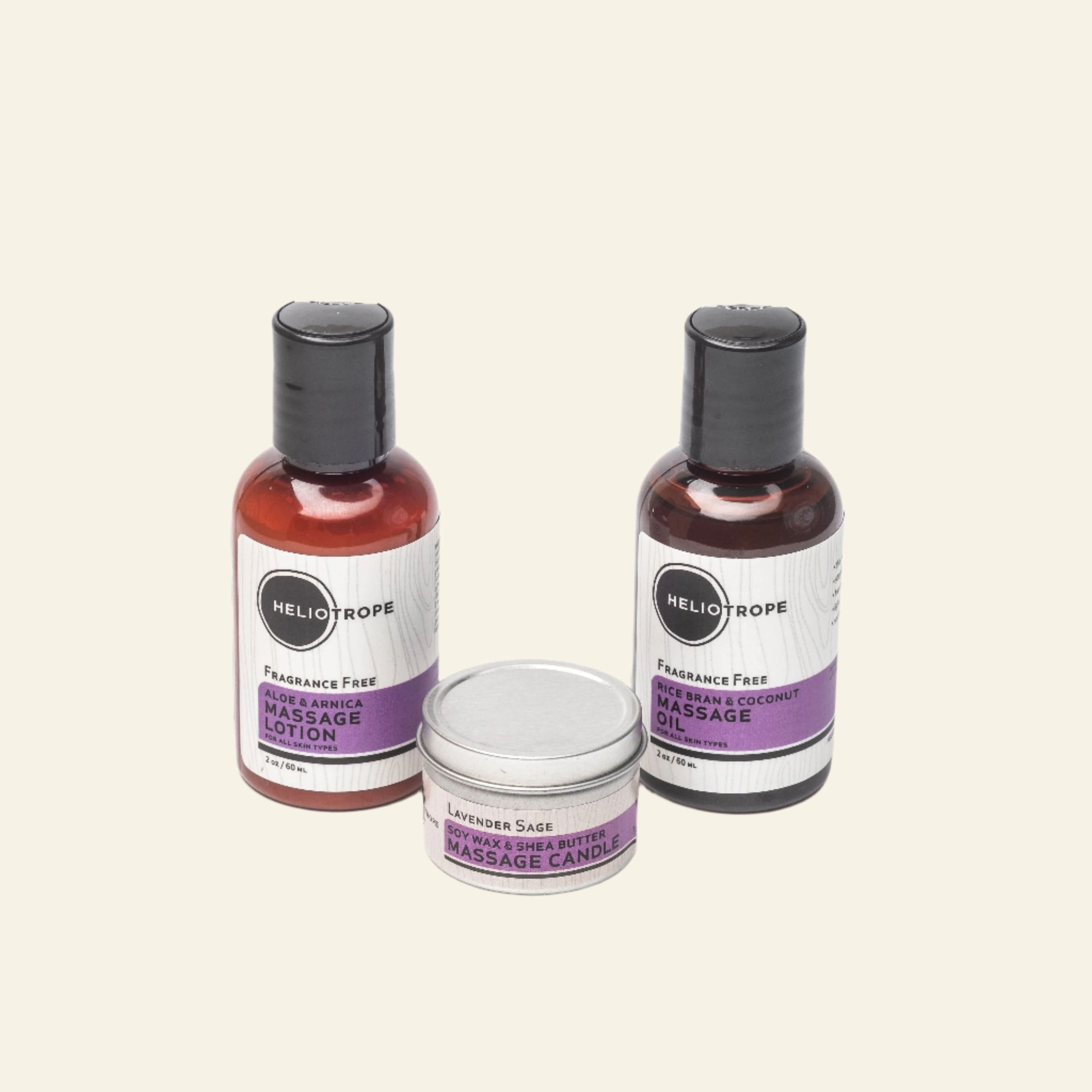 Three Heliotrope skincare products on a beige background