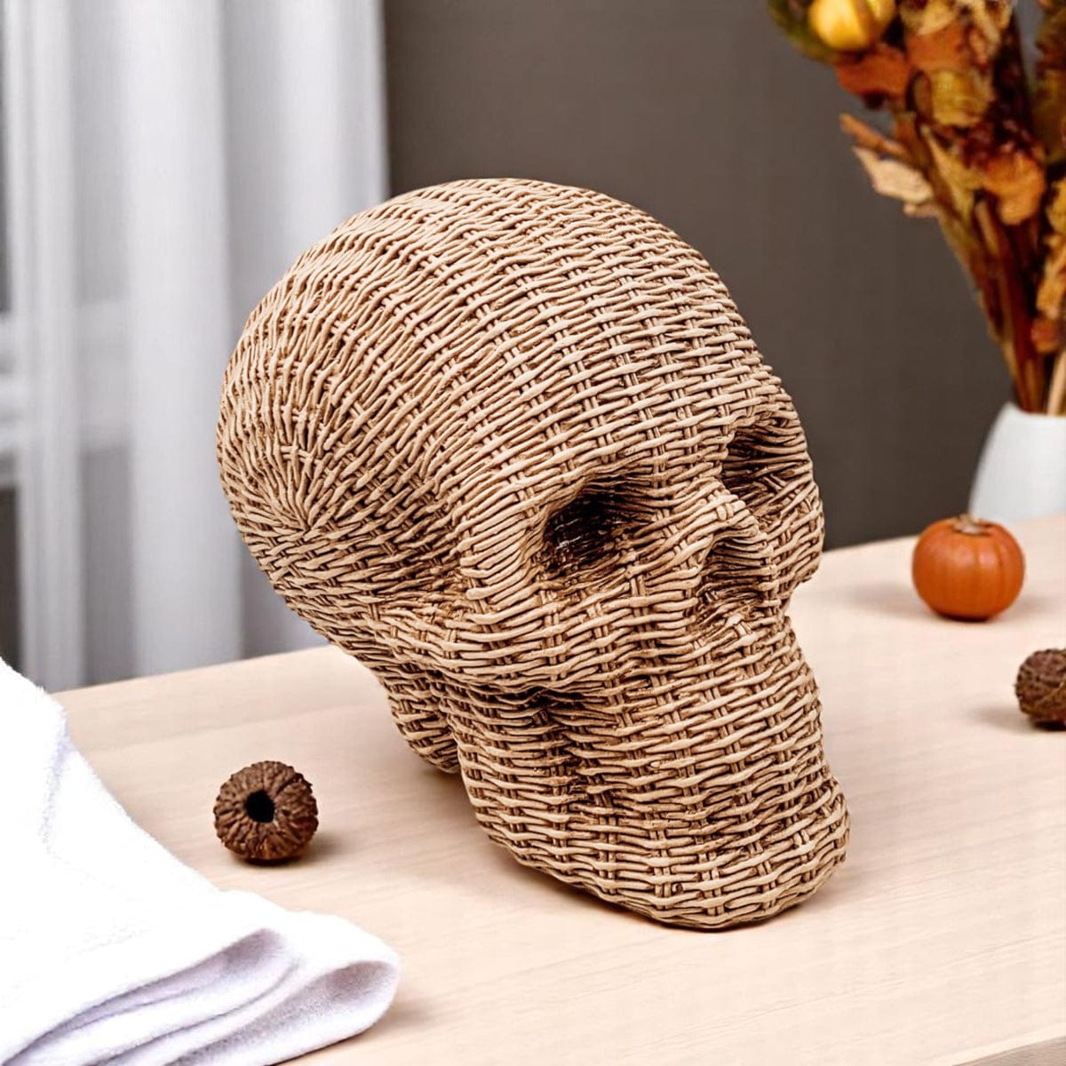 Gia Roma Basket Weave Statue Skull Me Rattan-Style Skull Decor – Natural & White Resin