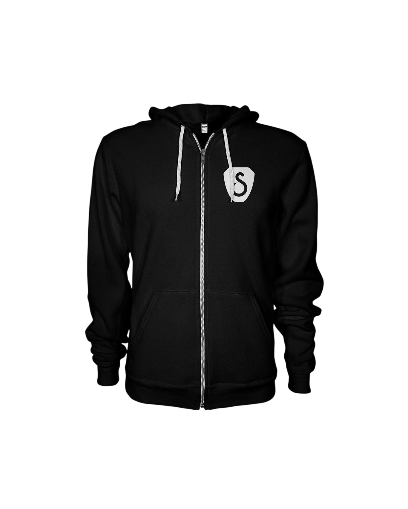 Black hoodie with a white logo on a white background