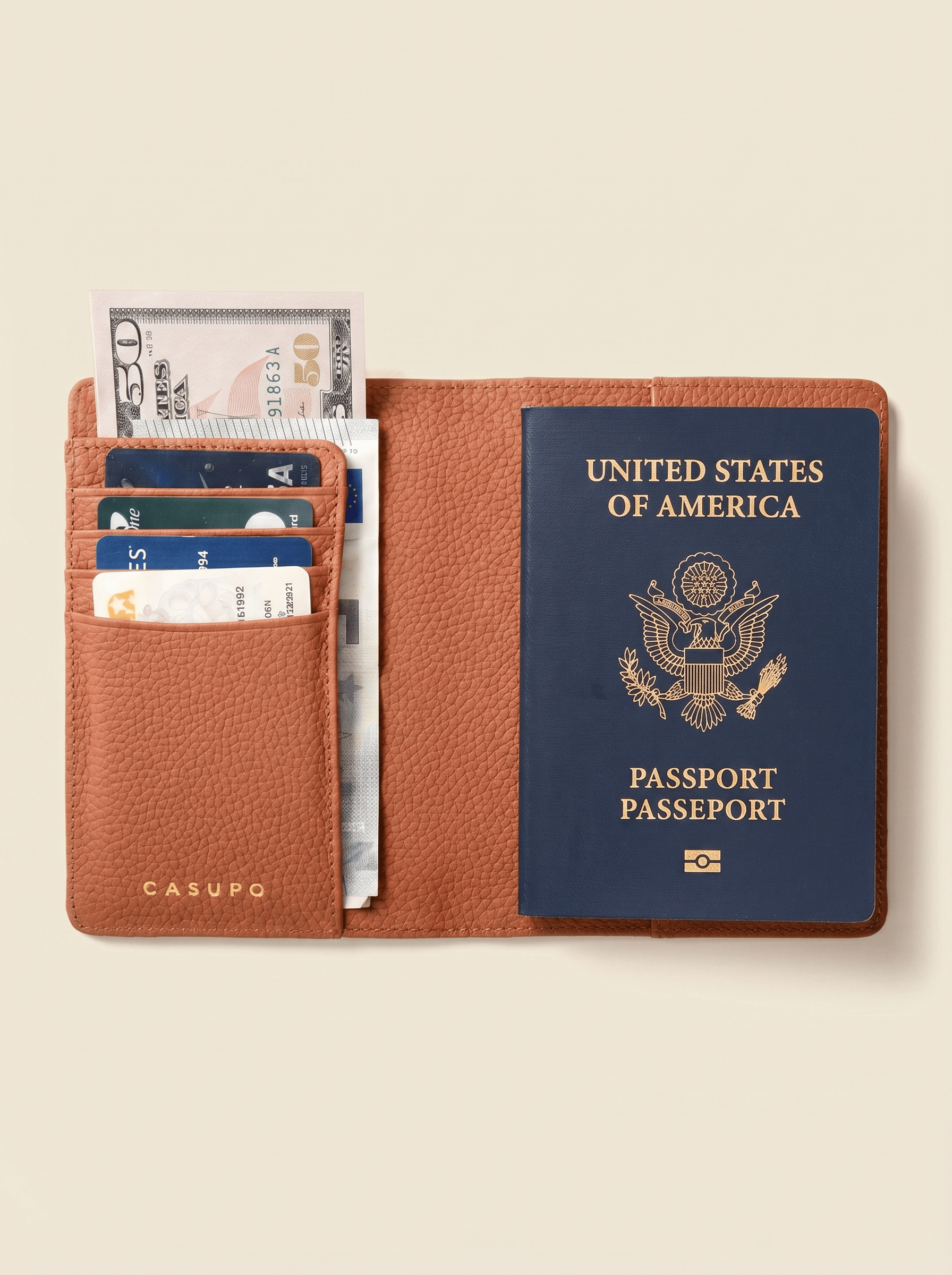 CASUPO Small Leather Goods Leather Passport Wallet with RFID - Tan