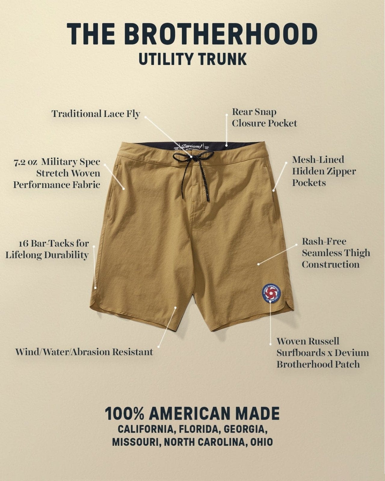Devium The Brotherhood Utility Trunks - Russell Surfboards x Devium
