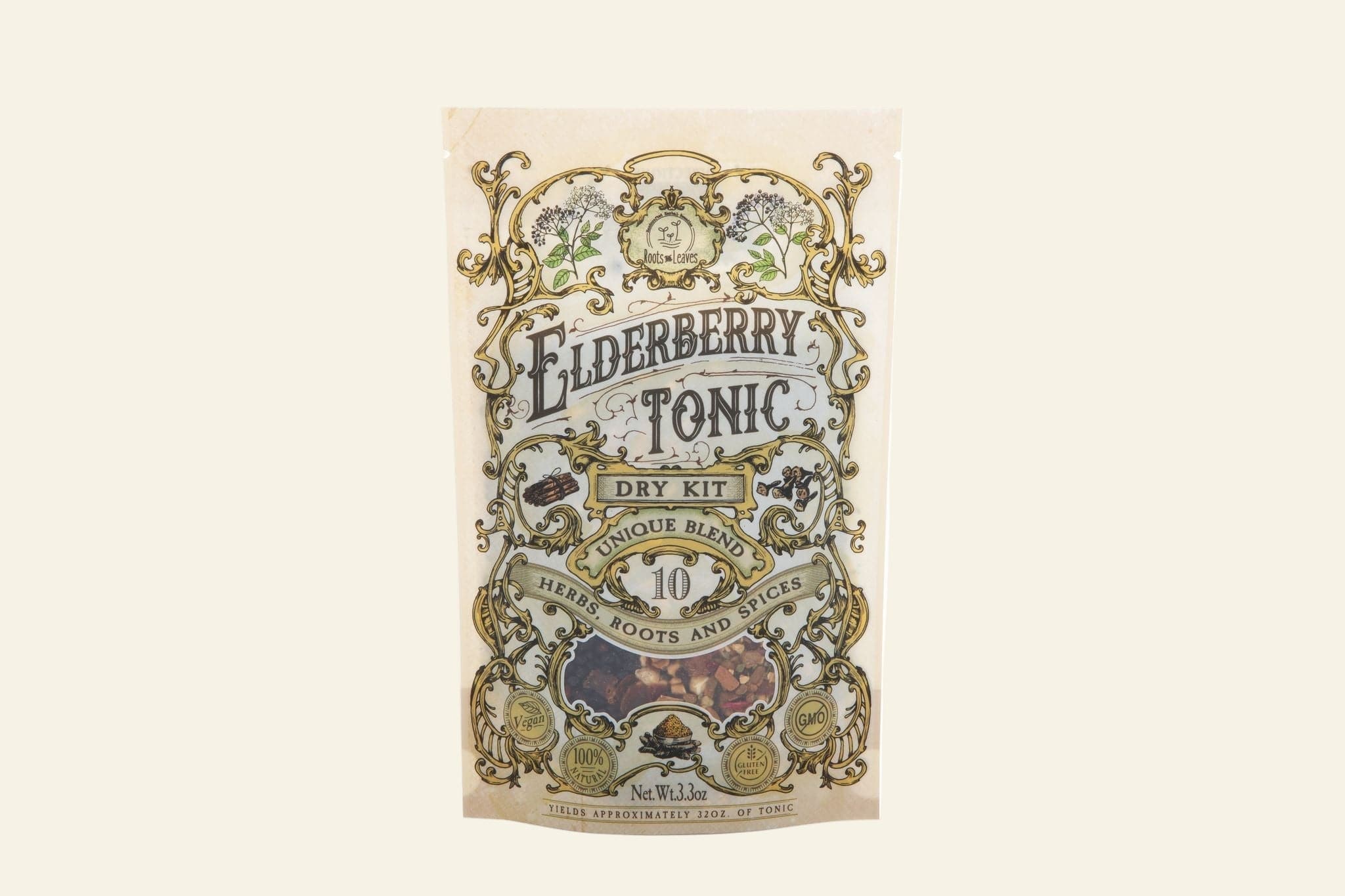 Elderberry Tonic dry kit packaging with decorative elements on a beige background