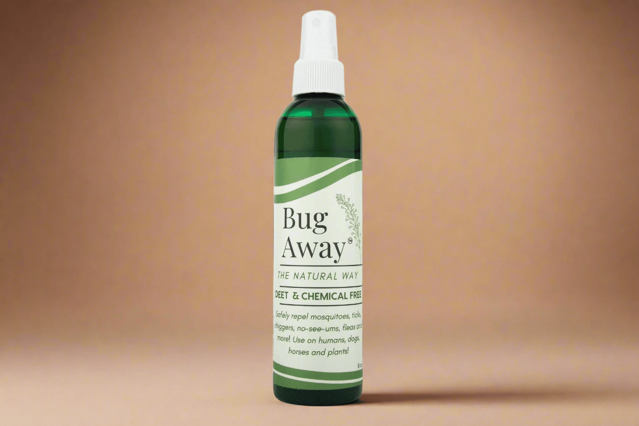 Bug Away spray bottle on a brown background