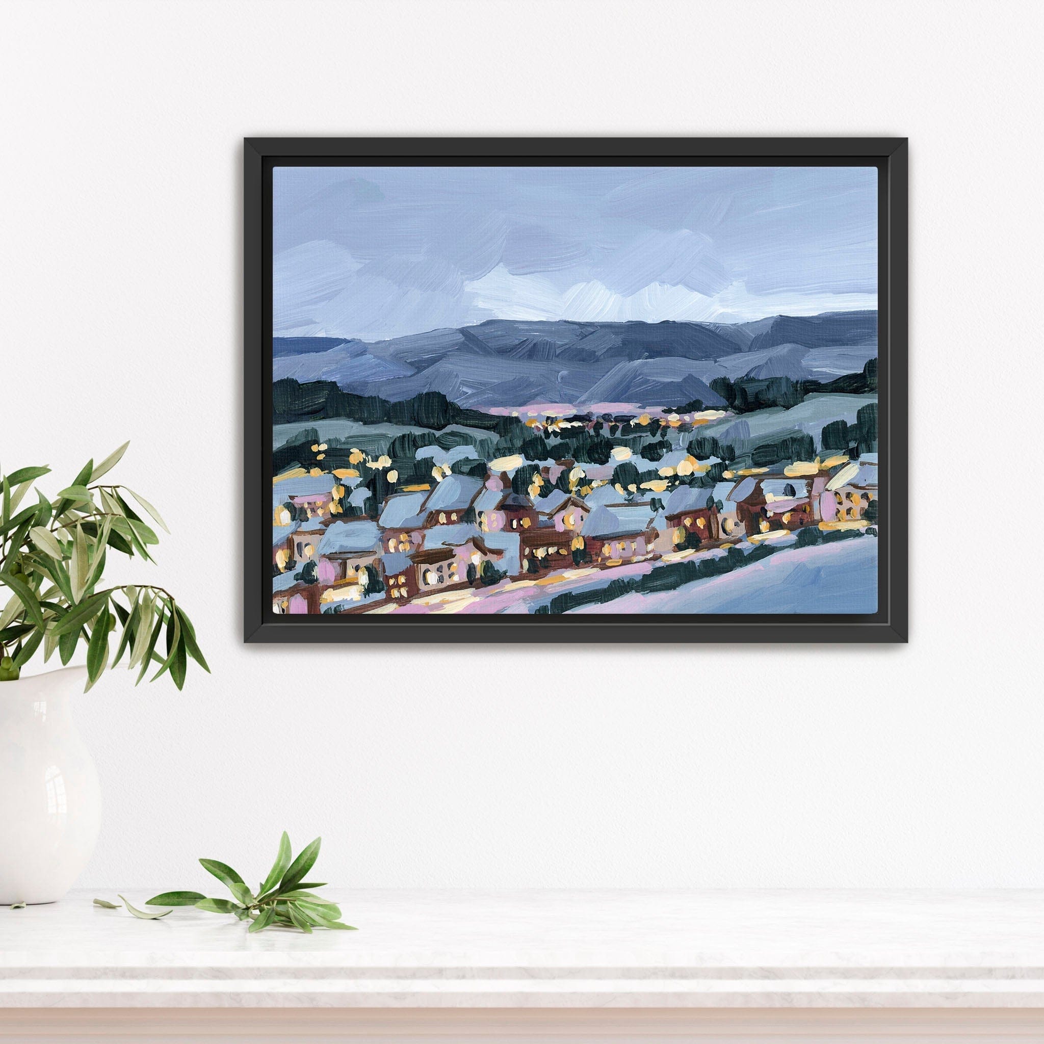 Katie Garrison Art Print Stretched Canvas / 8x10 in / Black Frame "Winter Village" Art Print