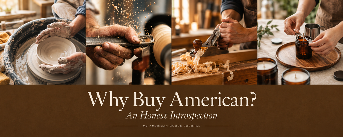 Hands working and Why buy American words under