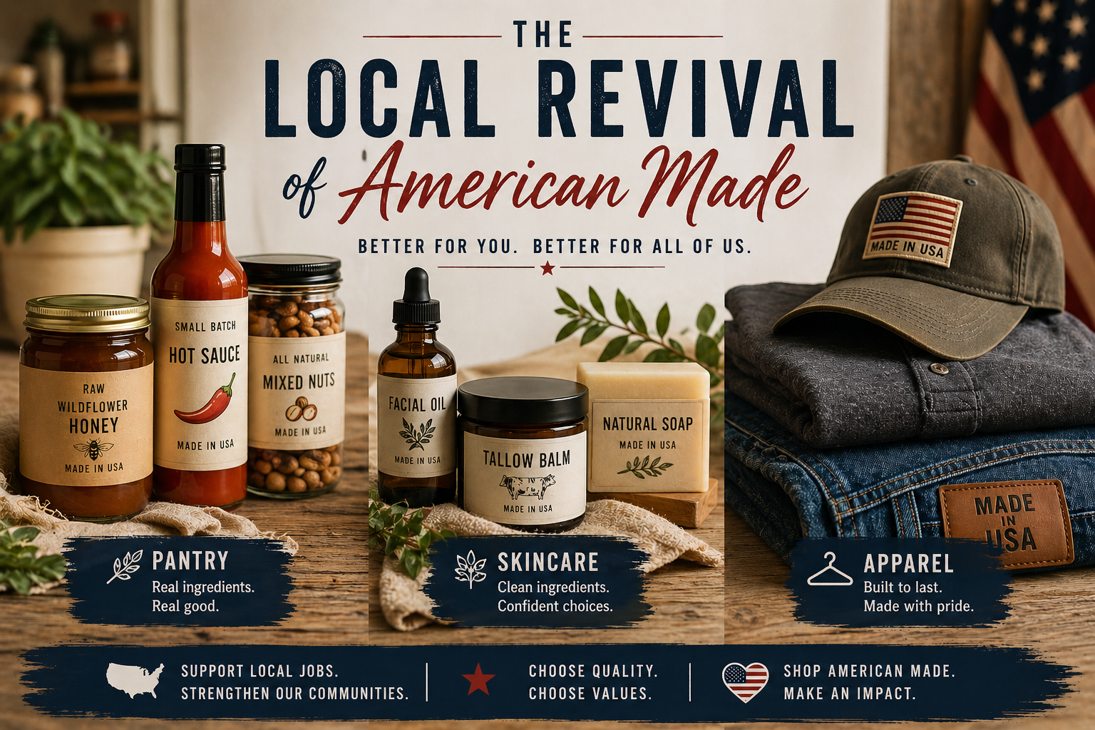 The local revival of American-made products featuring pantry goods, natural skincare, and apparel in a rustic lifestyle scene