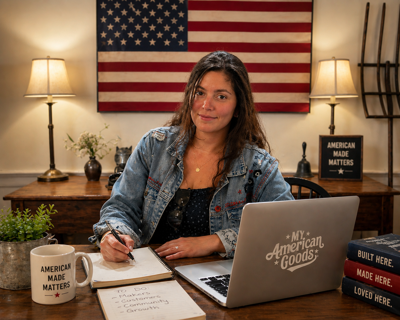 My American Goods founder workspace with American-made theme, laptop logo, notebook, and USA flag symbolizing the revival of American-made products”