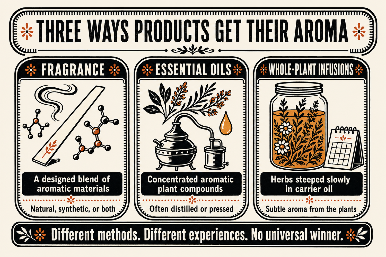 Fragrance vs. essential oils vs. whole-plant infusions infographic