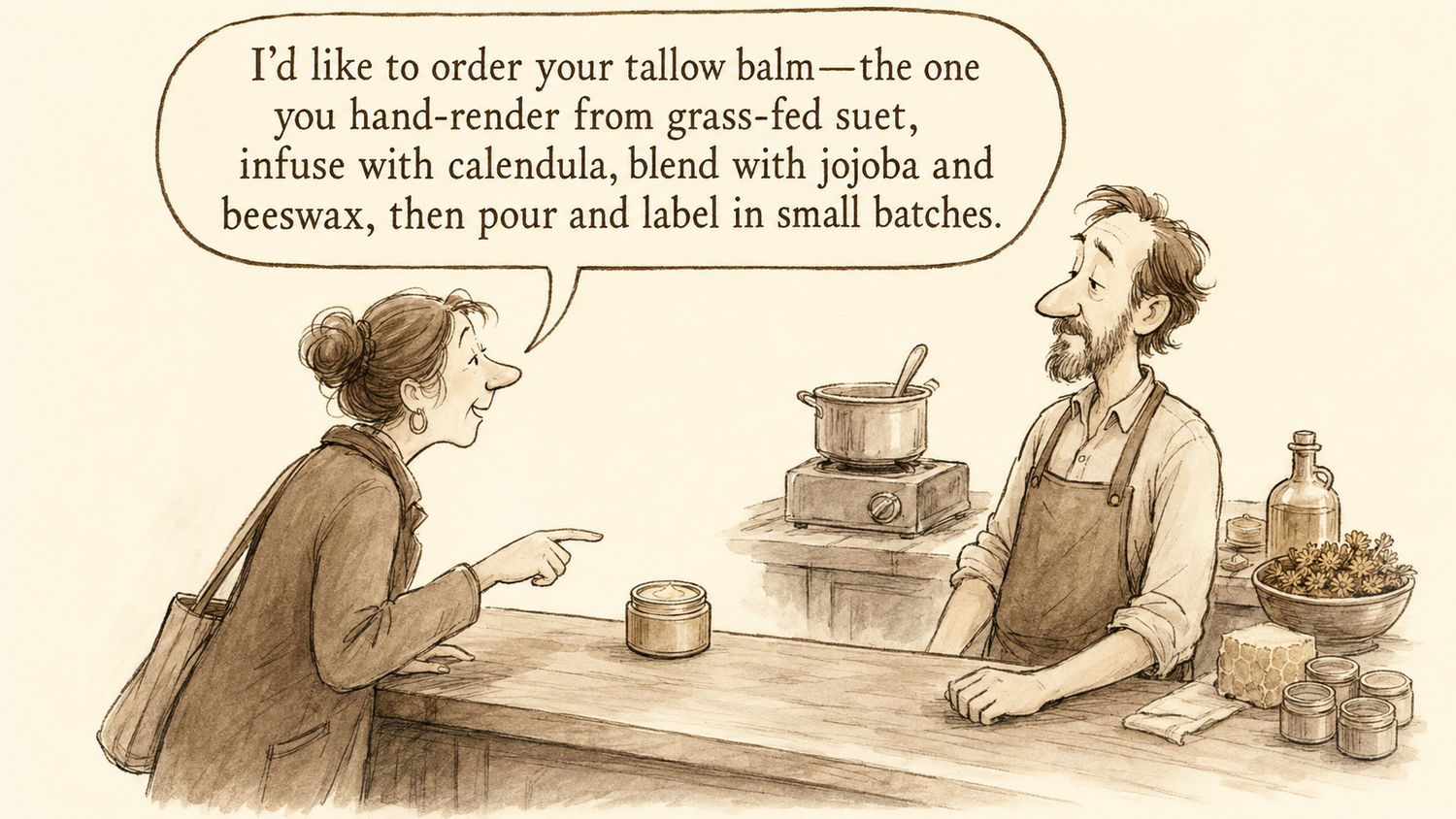 Woman ordering a very handcrafted balm on a counter
