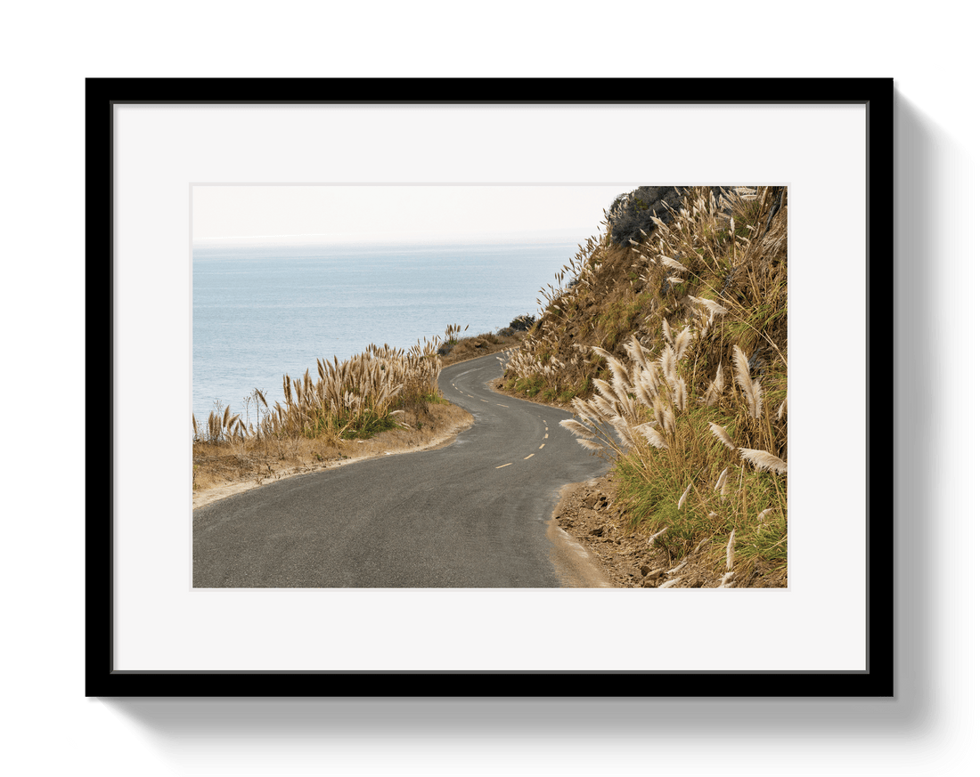 Framed photograph of a winding road by the sea with tall grasses.