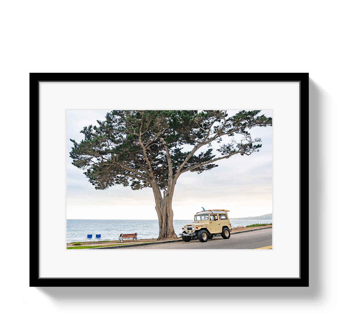 Framed artwork of a vintage car by a tree with ocean view