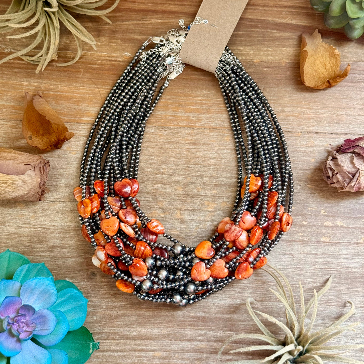 15" Orange-Red Shell Heart &amp; Sterling Silver Pearl Necklace