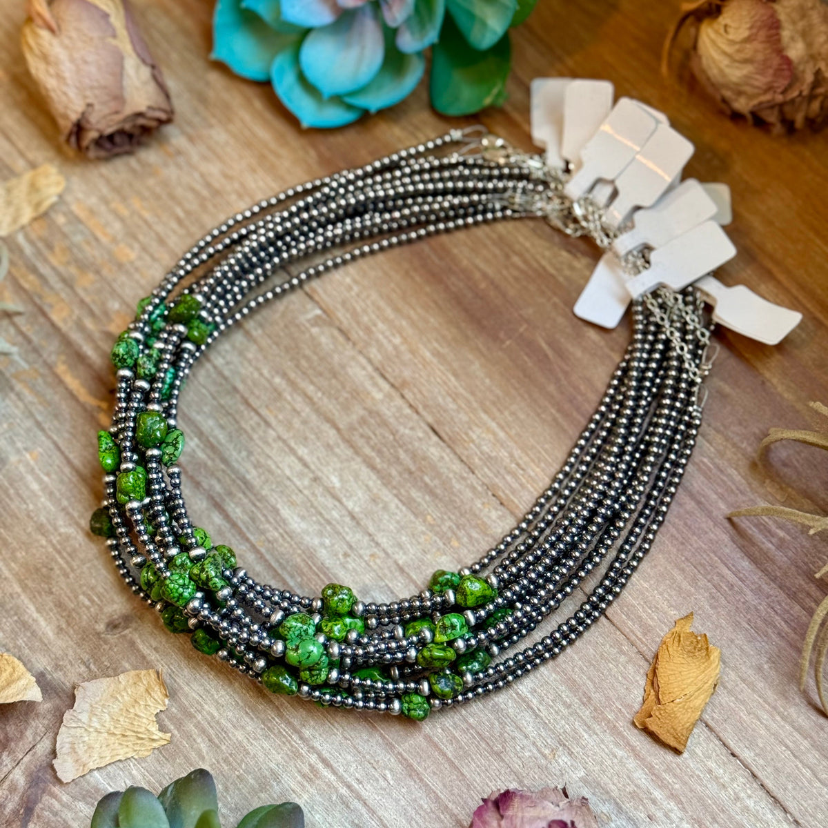 Green Nugget Turquoise &amp; Sterling Silver Pearl Necklace
