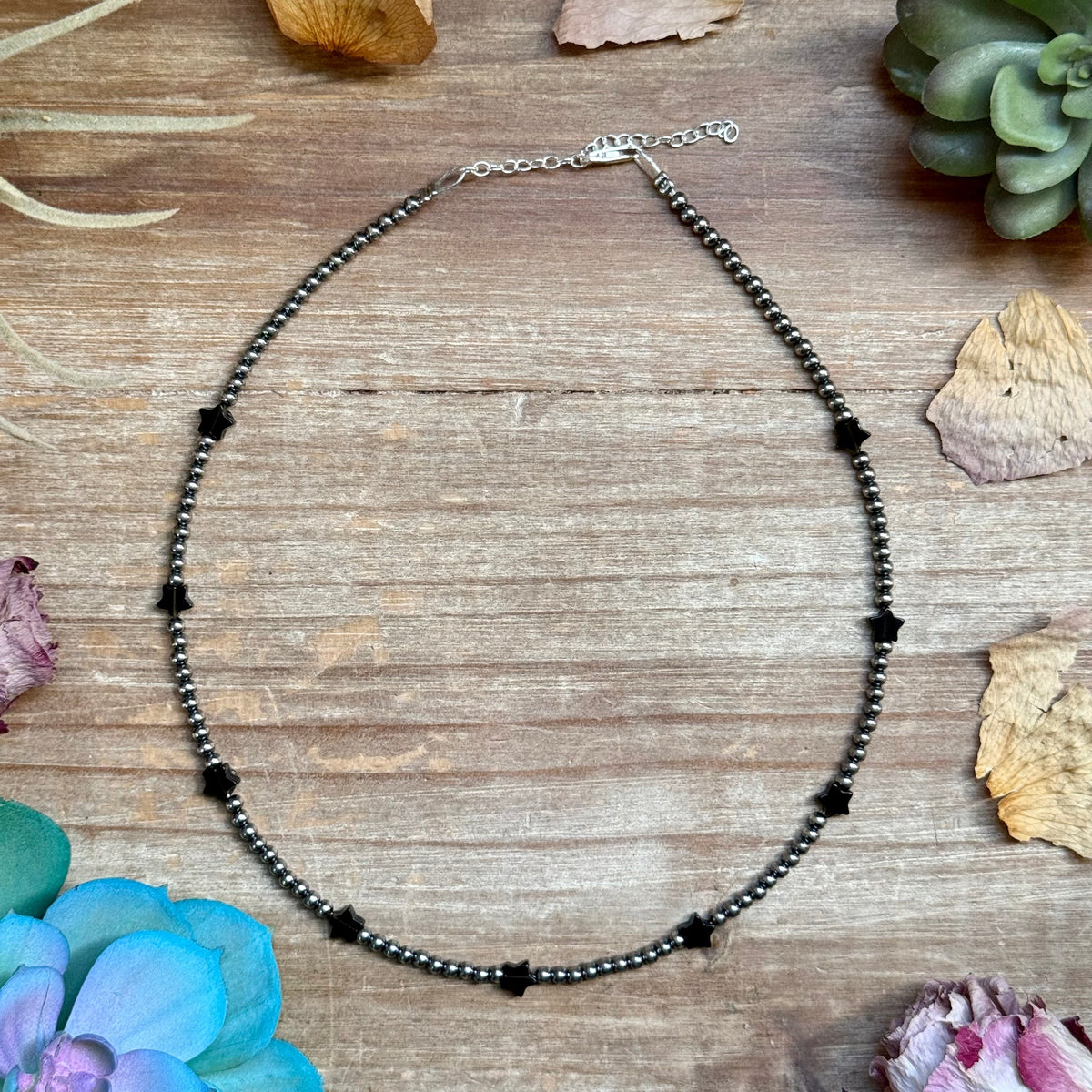 15" Black Onyx Star &amp; Sterling Silver Pearl Necklace