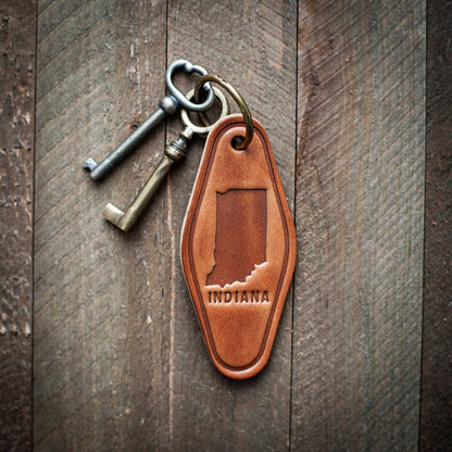 Indiana State Silhouette Leather Keychain Motel Style