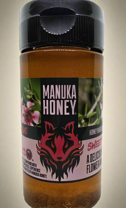 Manuka Honey jar with black lid on a white background