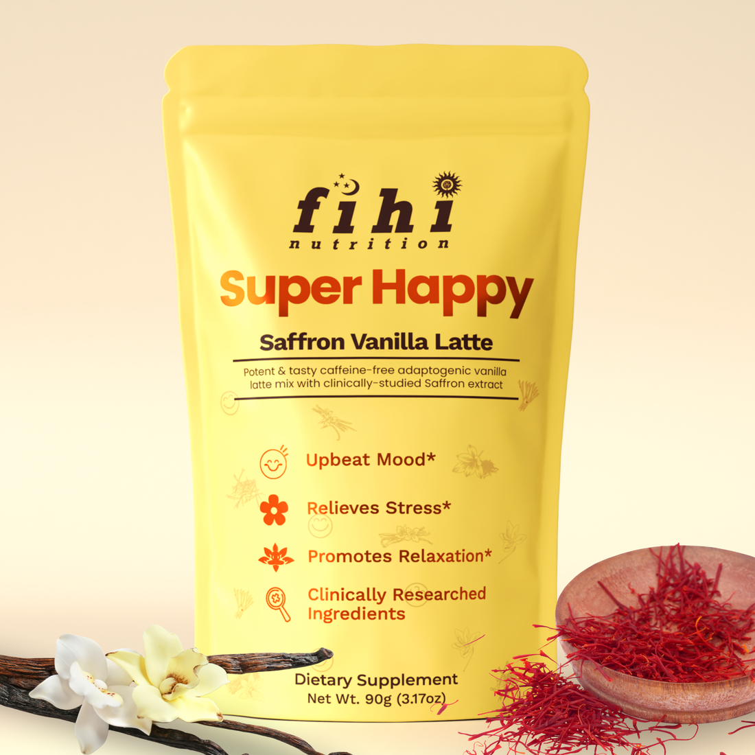 Yellow package of fihi nutrition Super Happy Saffron Vanilla Latte on a beige background with saffron and vanilla beans.