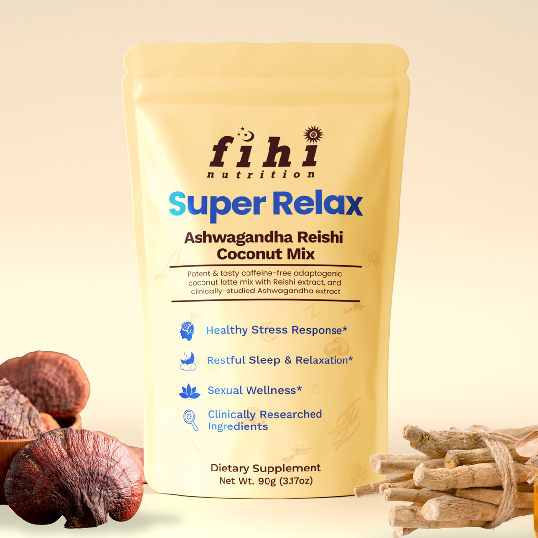 Fihi Nutrition Super Relax supplement package with ashwagandha and reishi mushrooms on a beige background