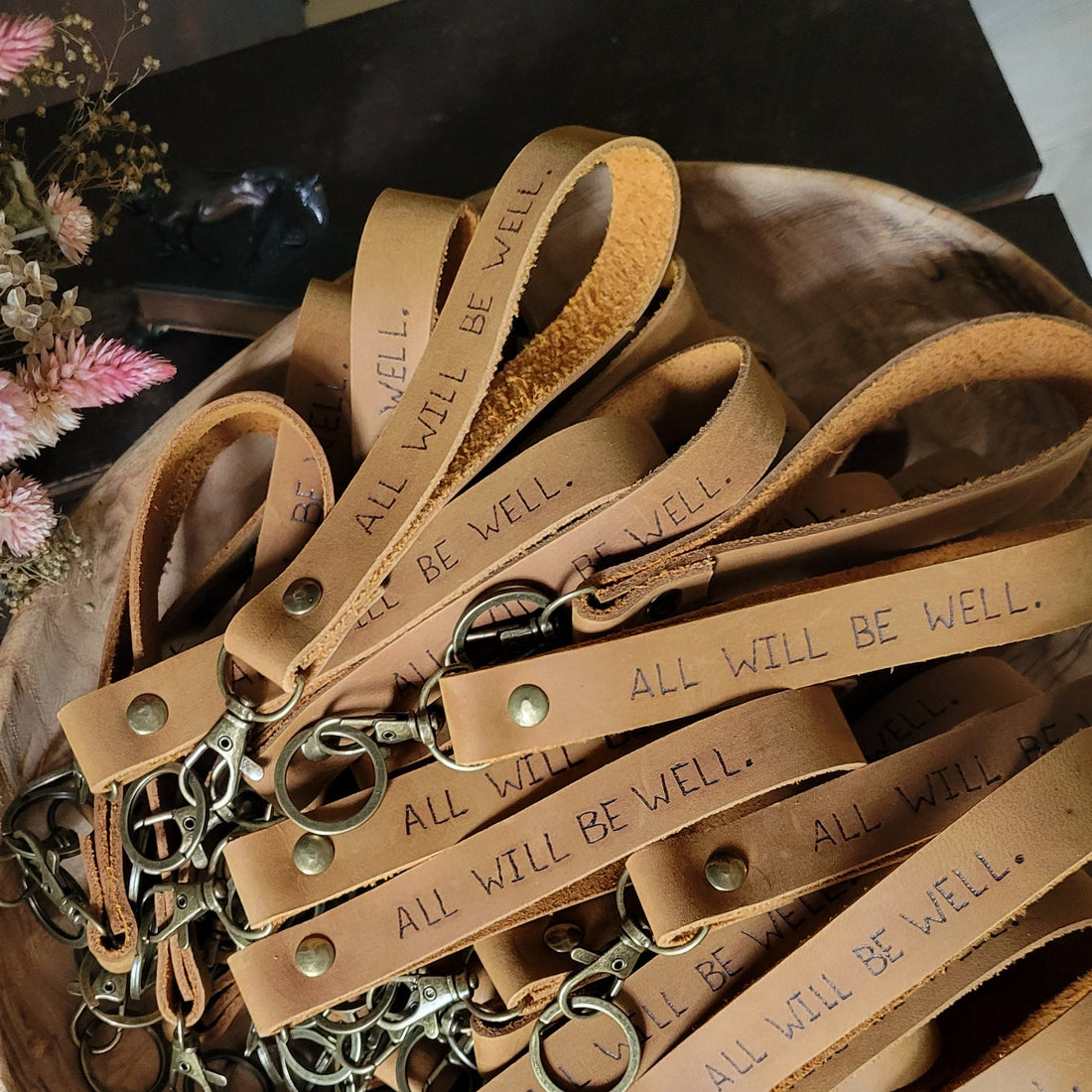 "All Will Be Well" Handmade Leather Wristlet Keychain